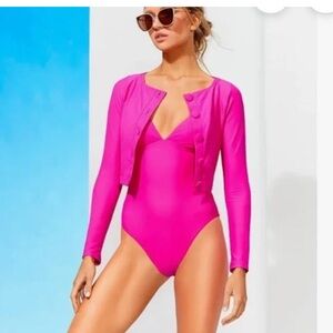 Antonio Melani Hot Pink One Piece Swimsuit Women SZ L & Matching Swim Jacket NWT